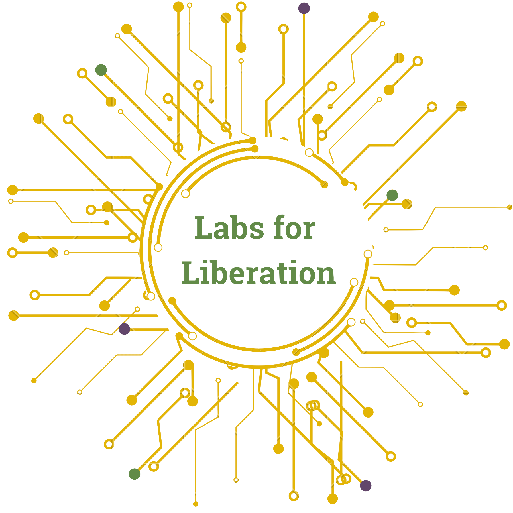 Yellow circuitry resembling a sun or flower. Circuitry contains purple and green accents, the project's secondary and tertiary colors. At the center reads 'Labs for Liberation' in bold green text.