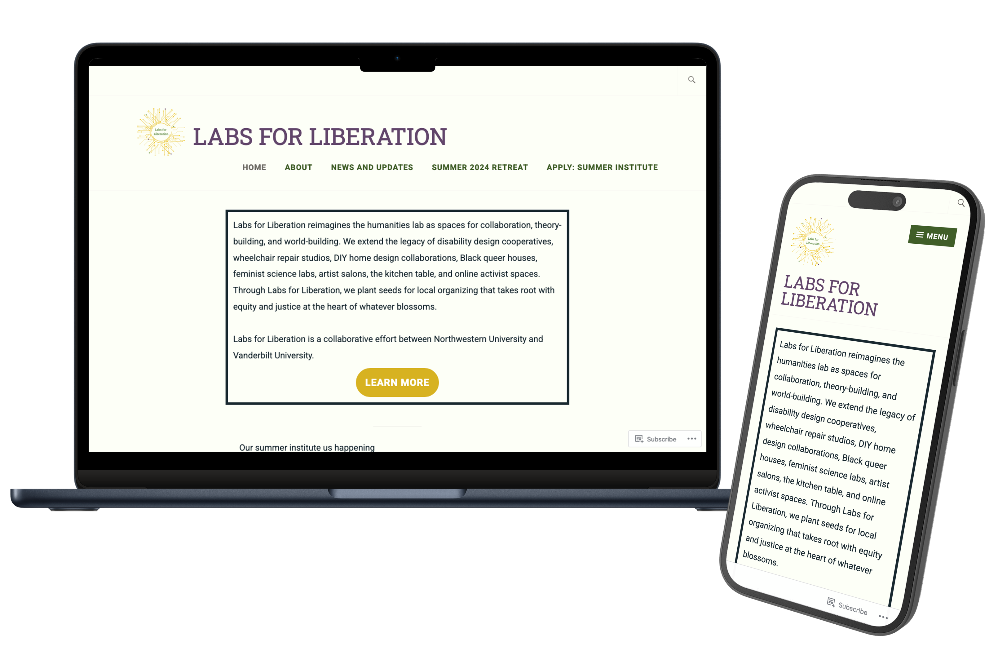 Screenshots of the Labs for Liberation website homepage on a laptop and a smartphone. The website has a light off-white background and presents mostly text, with the project title in purple and the logo on the top left.