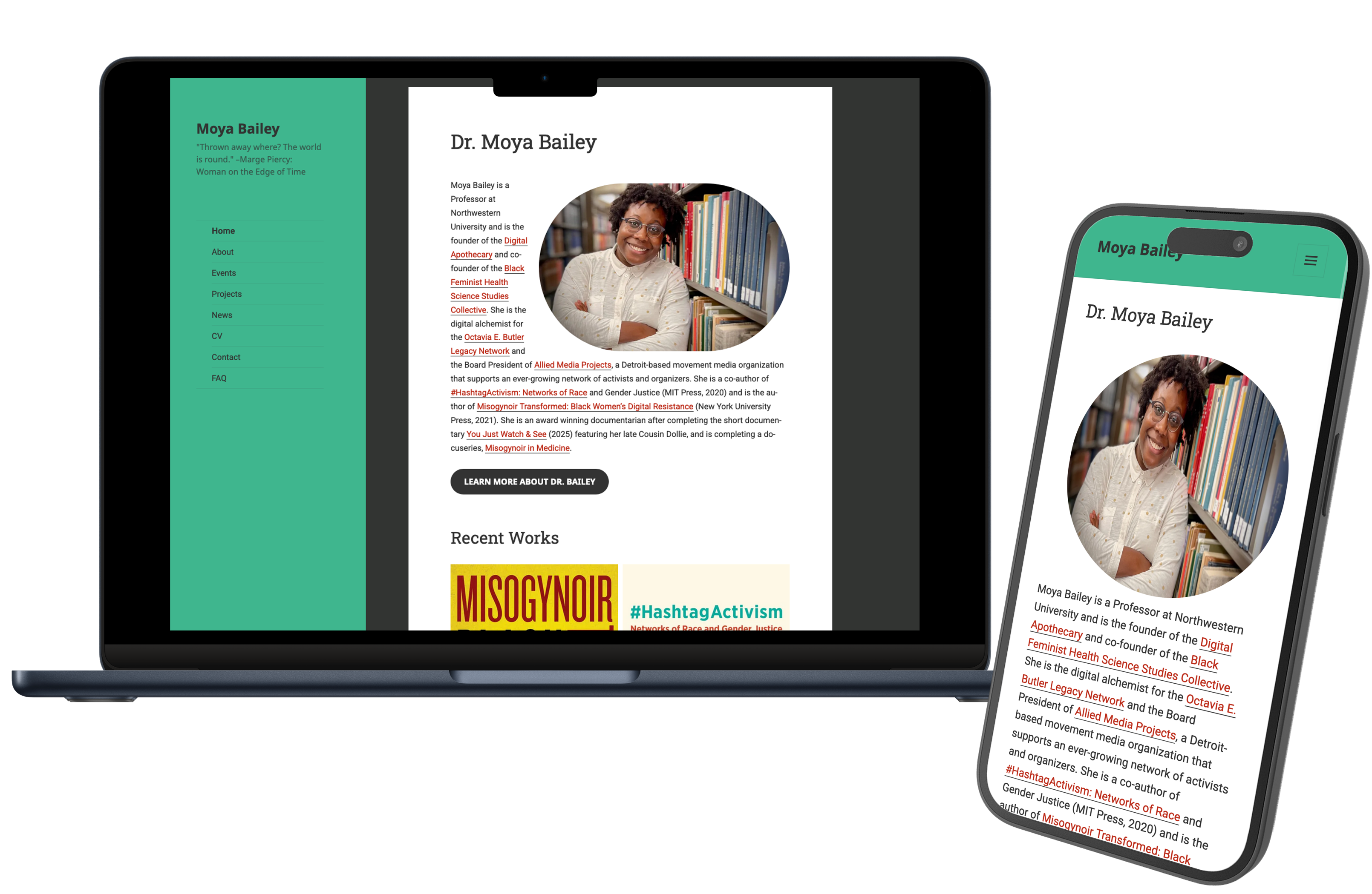 Screenshots of Dr. Bailey's personal website homepage on a laptop and a smartphone. The website has a charcoal background, mint-colored menu, and white section background.