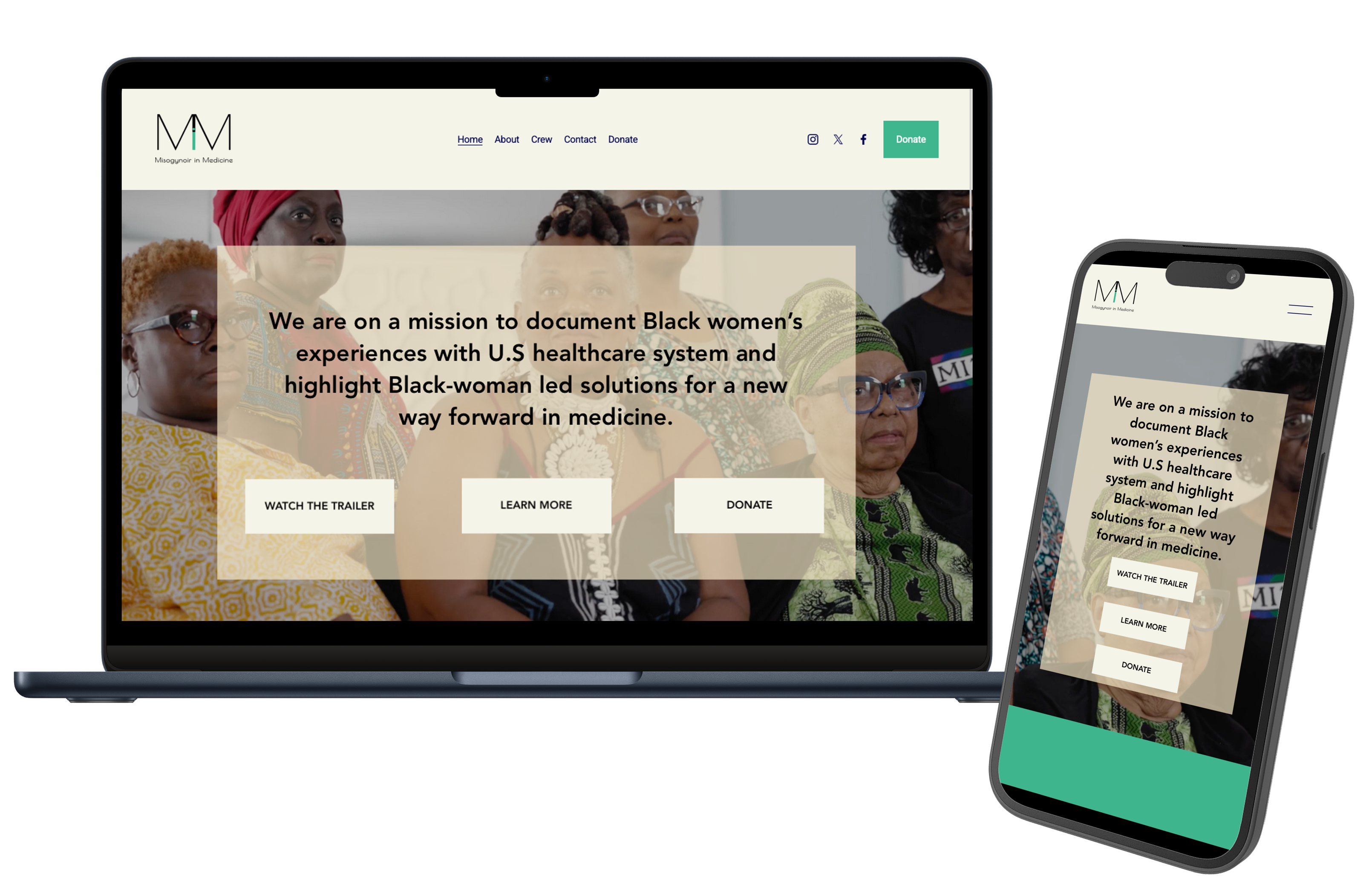 Screenshots of the Misogynoir in Medicine website homepage on a laptop and a smartphone. The website has a header image of Black women of various ages, and a color theme of light beige and light mint.