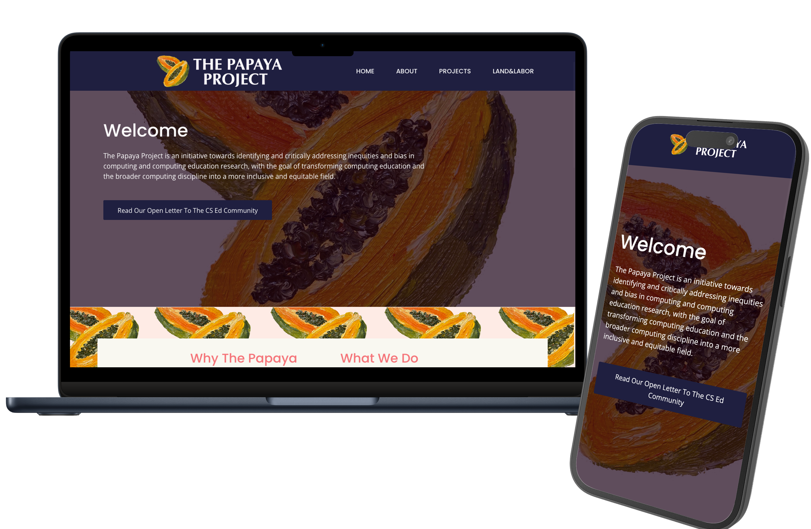 Screenshots of the Papaya Project website homepage on a laptop and a smartphone. The website has a header image of papayas and a deep blue and bright pink color theme.