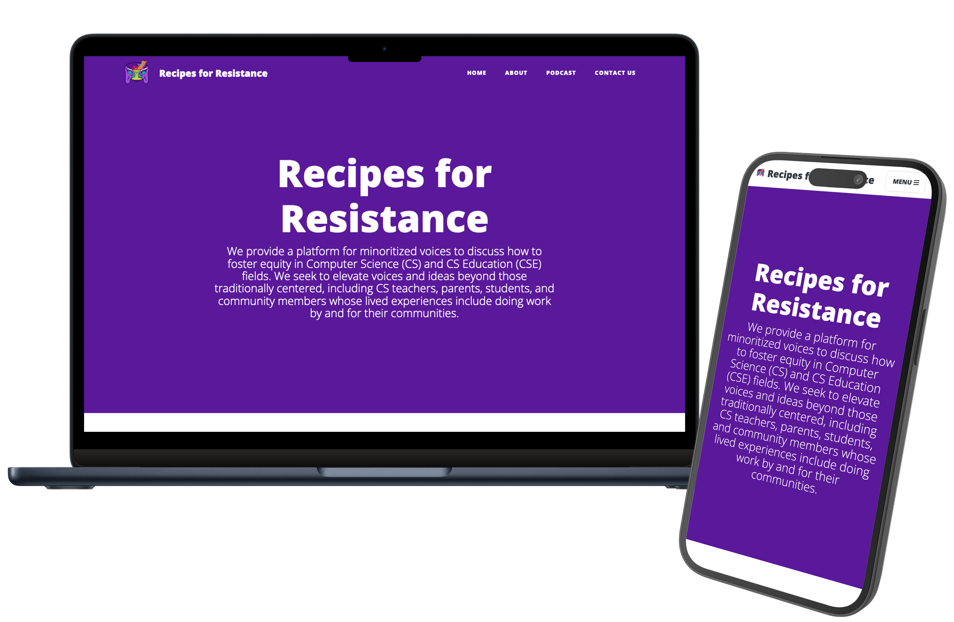 Screenshots of the Recipes for Recipes website homepage on a laptop and a smartphone. The website features a large purple header and white text.