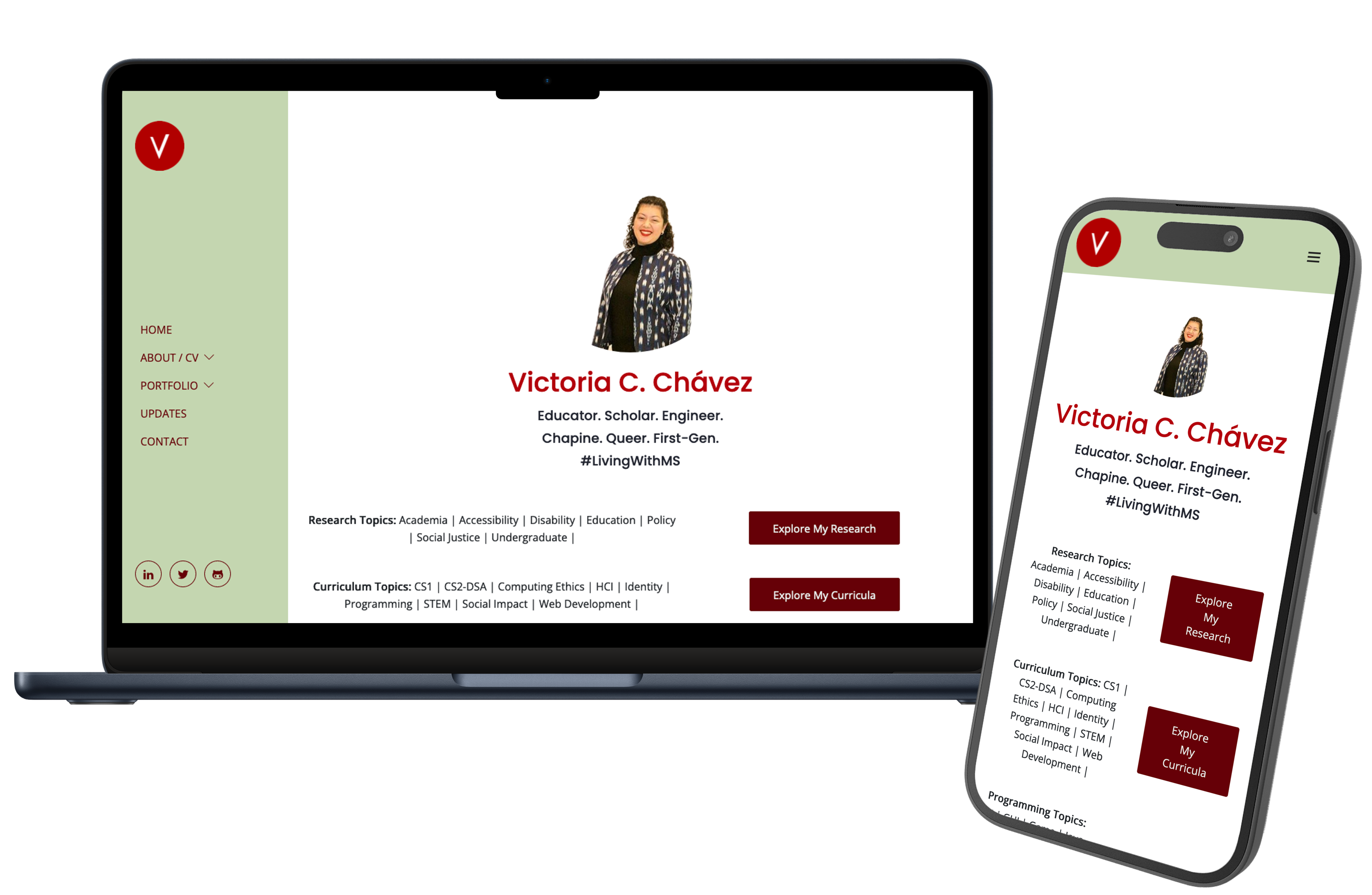 Screenshots of my personal website homepage on a laptop and a smartphone. The website features a light green, deep red, and white theme with floral accents.