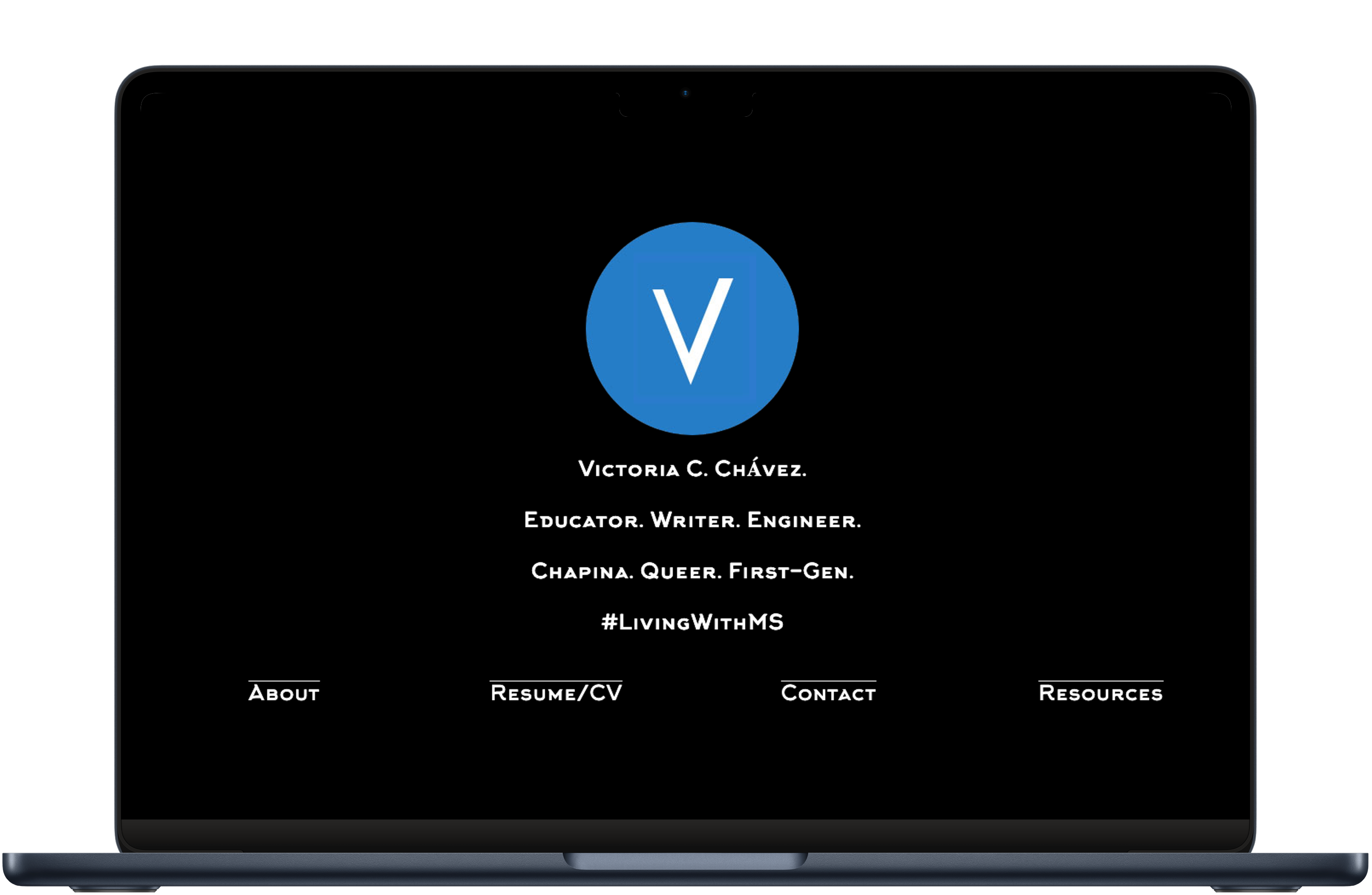 Screenshot of my own (old) website homepage on a laptop. The website features a simple aesthetic, with a black background and white text, resembling a business card.